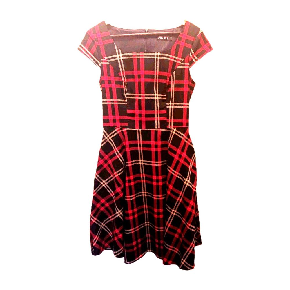 PUKAVT Red Black Plaid 1950s Retro Swing Dress Pockets Cap Sleeve Rockabilly L